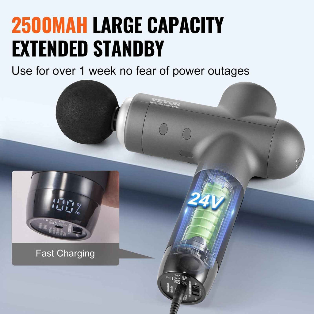 Pistolet de massage musculaire VEVOR, pistolet de percussion deep tissue pour athlètes, soulagement de la douleur et relaxation musculaire - 8 niveaux de vitesse et 6 têtes de massage, 24V 2500mAh - Elegance_empire-shop