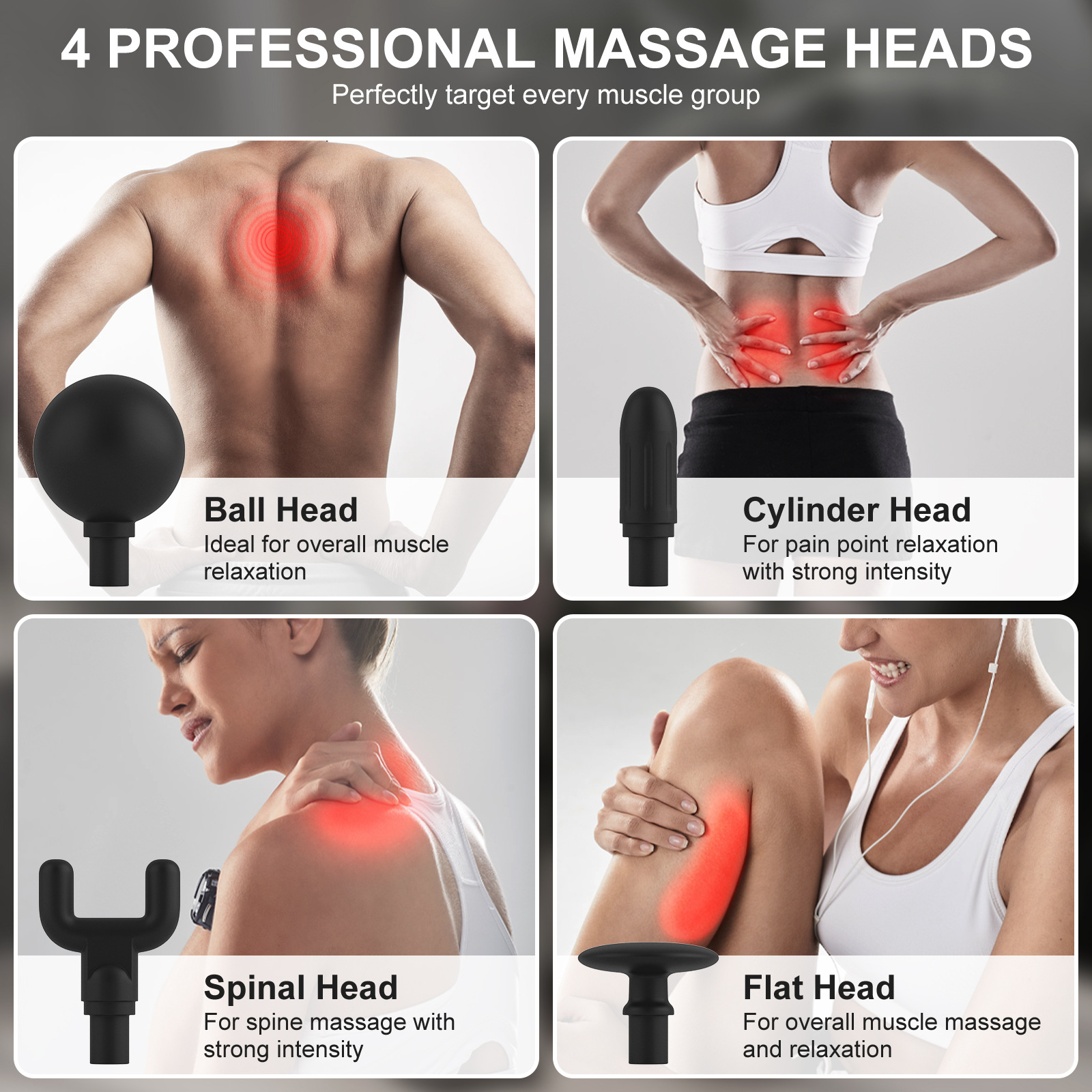 Pistolet de massage profond avec manche allongé amélioré et 4 têtes de massage U-shaped pour soulagement de la douleur - Elegance_empire-shop