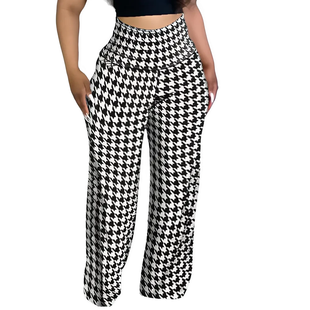 Pantalon Houndstooth Élégant Femme Taille Haute