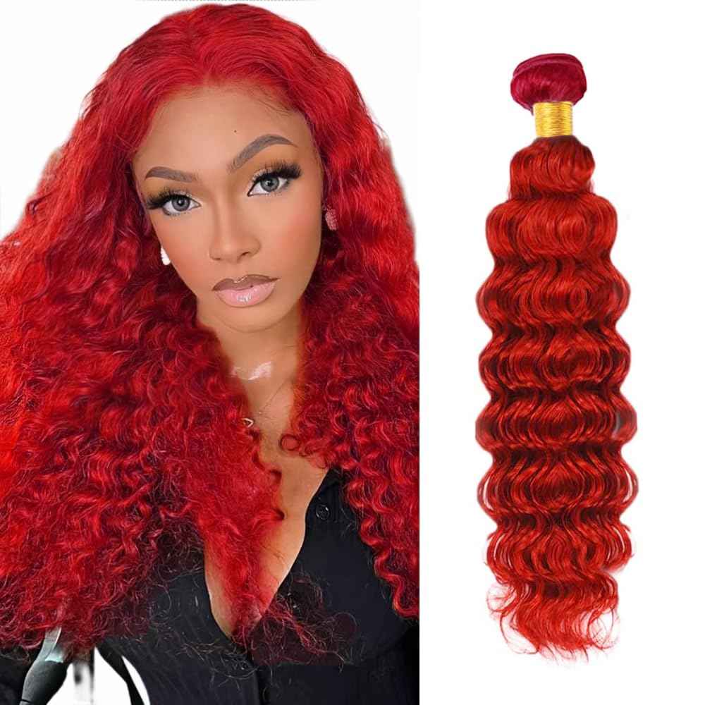 Red Deep Wave Bundles Red Human Hair Bundles 16 Inch 8A Brazilian Virgin Remy 1 Bundle Double Weft Soft Real Light Red Hair Extensions 300g