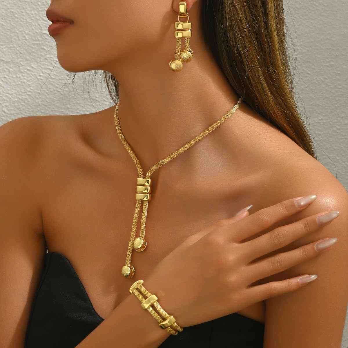 CLOACE Gold Long Choker Necklace Set Punk Cuban Y-Necklaces and Bracelet Fashion Chain Jewelry Accessories for Women