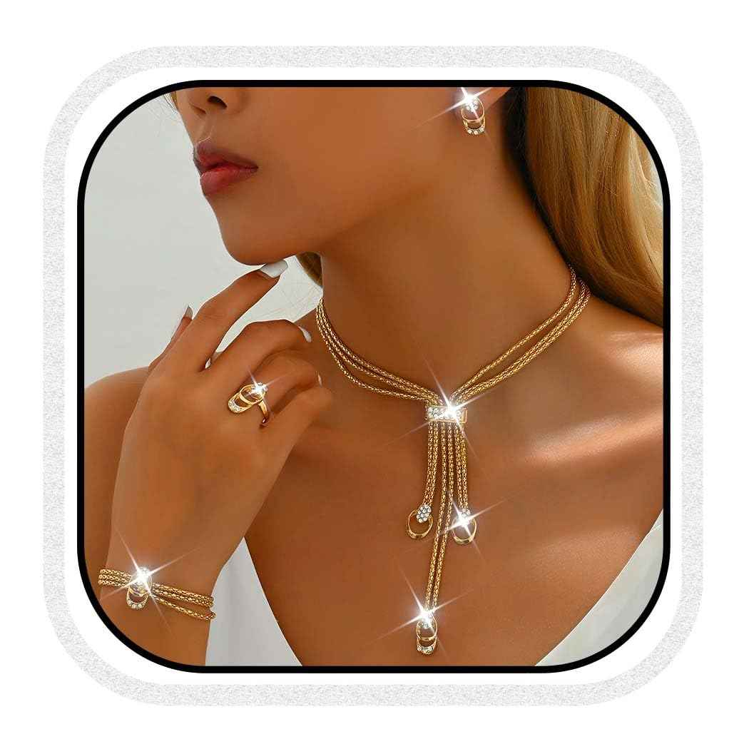 CLOACE Gold Long Choker Necklace Set Punk Cuban Y-Necklaces and Bracelet Fashion Chain Jewelry Accessories for Women