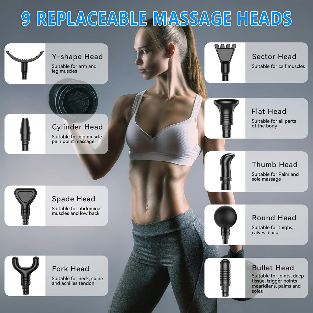 Pistolet de massage électrique pour athlètes - Appareil de massage profond à percussion avec 30 niveaux de vitesse et 9 têtes pour soulager la douleur - Elegance_empire-shop