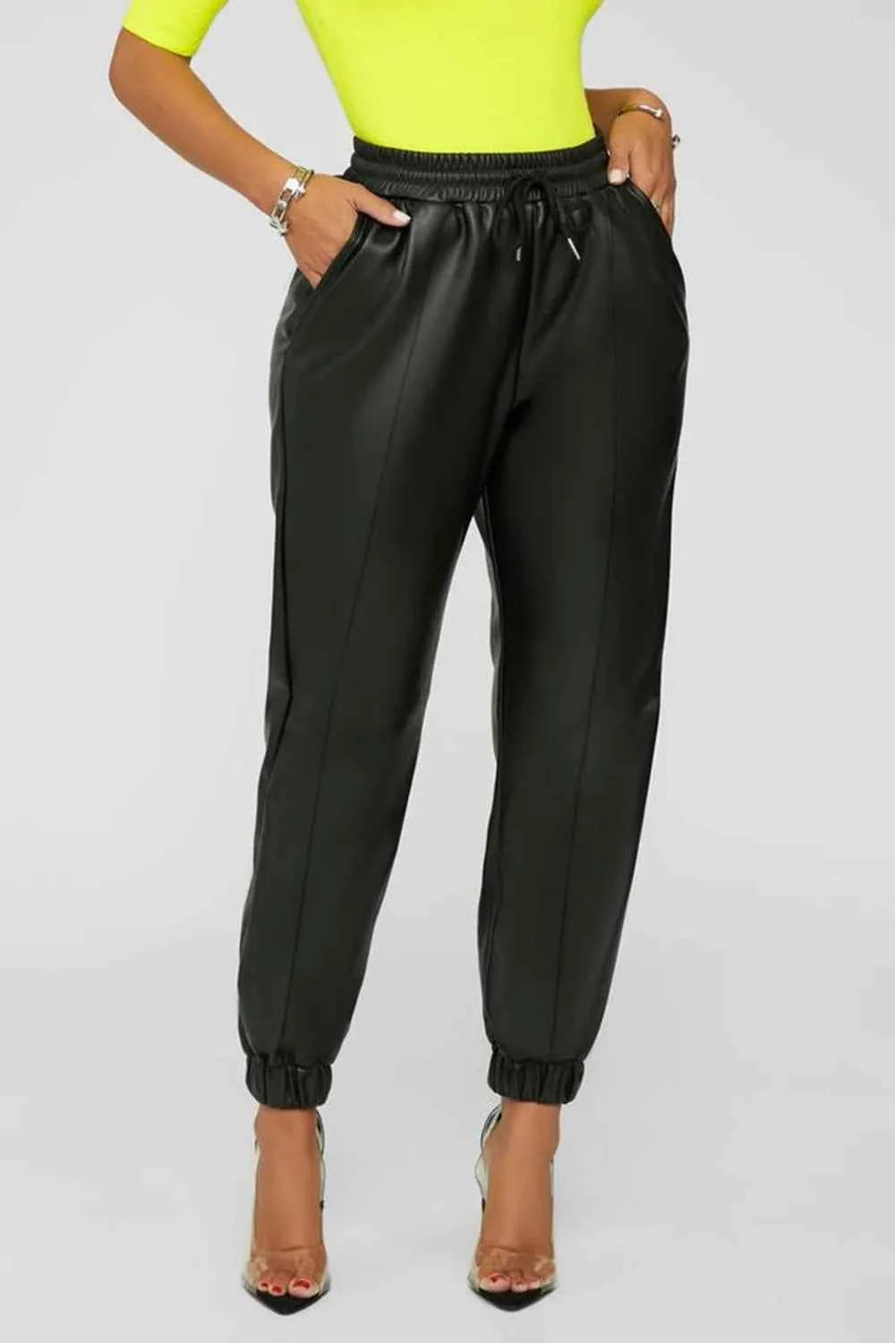 Pantalon PU taille haute femme tendance