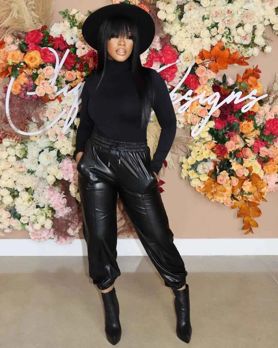 Pantalon PU taille haute femme tendance