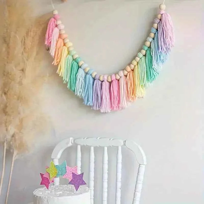 1pc Boho Colorful Rainbow Tassel Garland Handmade Wooden Bead Banner Home Festival Party Decoration Wall Hanging Banner