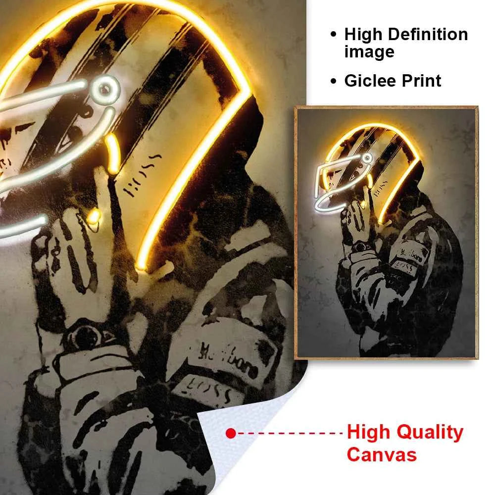 Formula 1 Racing Driver With Neon Helmet Wall Art Canvas Painting Print Motorcycle Racing F1 Poster Sport Picture Home Bar Decor