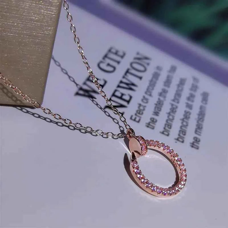 Korean Style Semicircle Geometric Nail Fashion Female Necklace AAAA Cubic Zirconia Pendant 925 Silver Ladies Birthday Gift