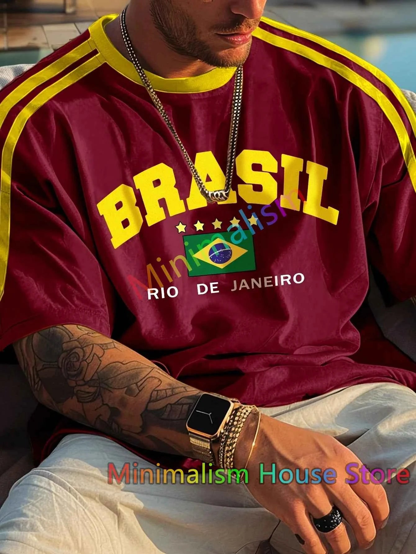 2024 New Summer Five-star Brasil Printed T-shirt For Men Short Sleeve Round Neck Tees Vintage Casual Mesh Jersey Oversized Tops