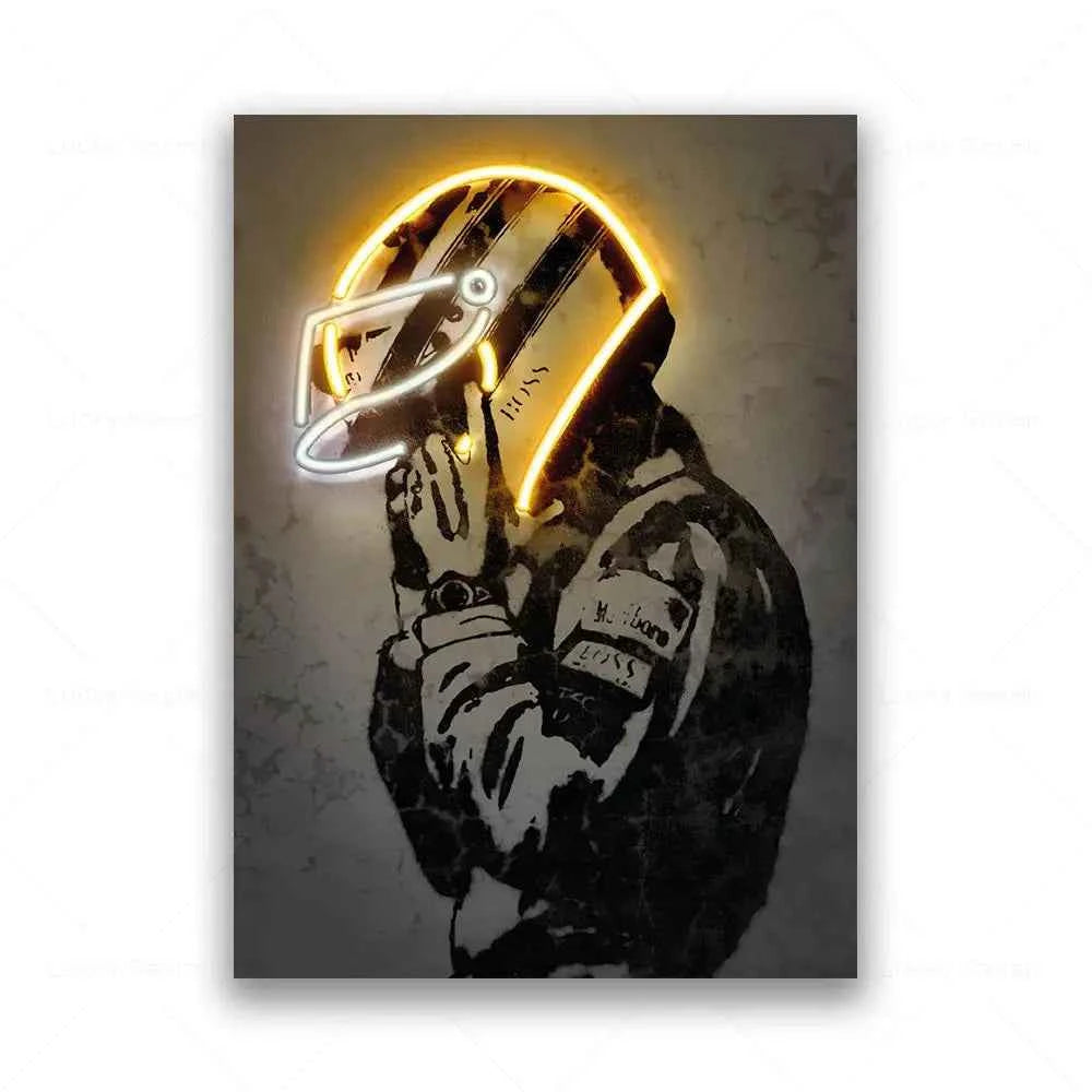 Formula 1 Racing Driver With Neon Helmet Wall Art Canvas Painting Print Motorcycle Racing F1 Poster Sport Picture Home Bar Decor