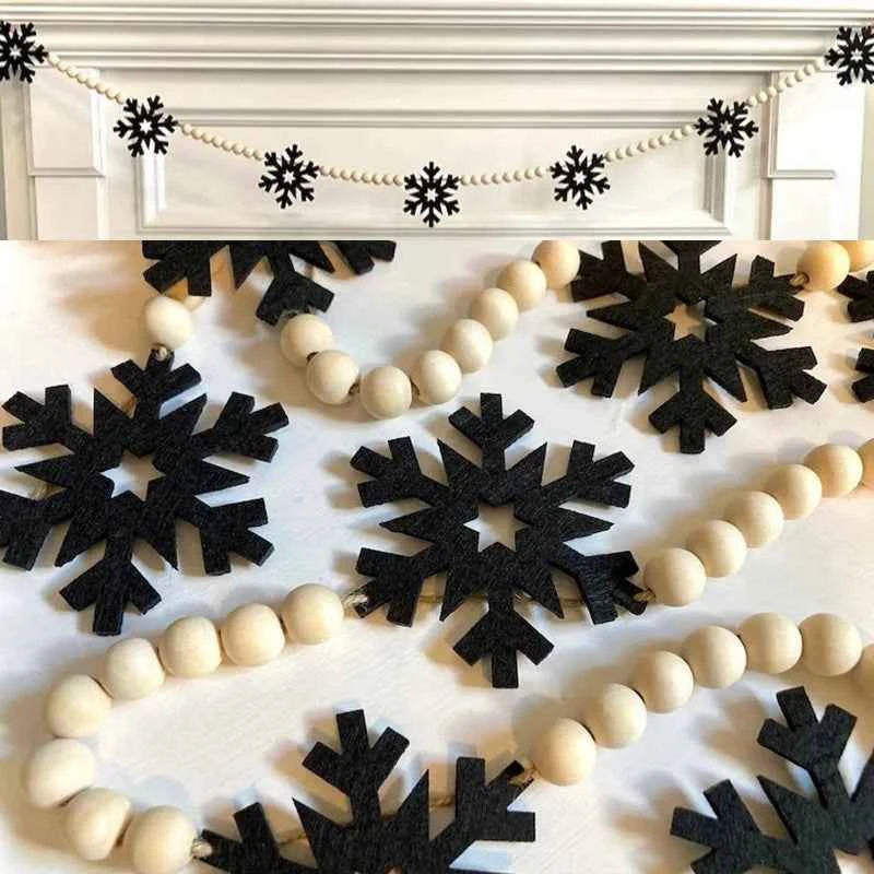 1pc Black Snowflake Garland Home Handmade Wooden Bead Banner Festival Christmas Multifunctional Wall Hanging Decoration Banner