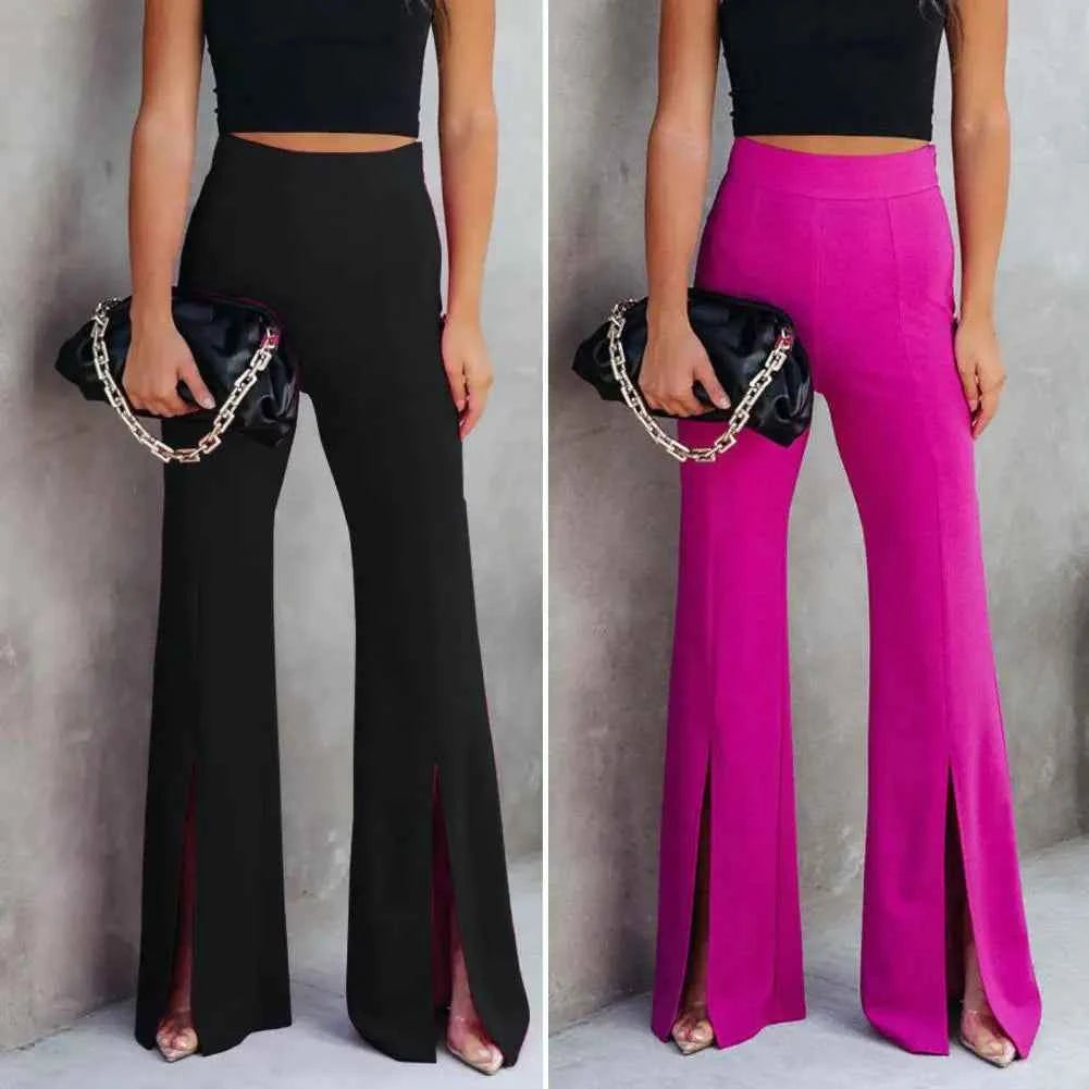 Pantalon Flare Élastique Taille Haute Femme