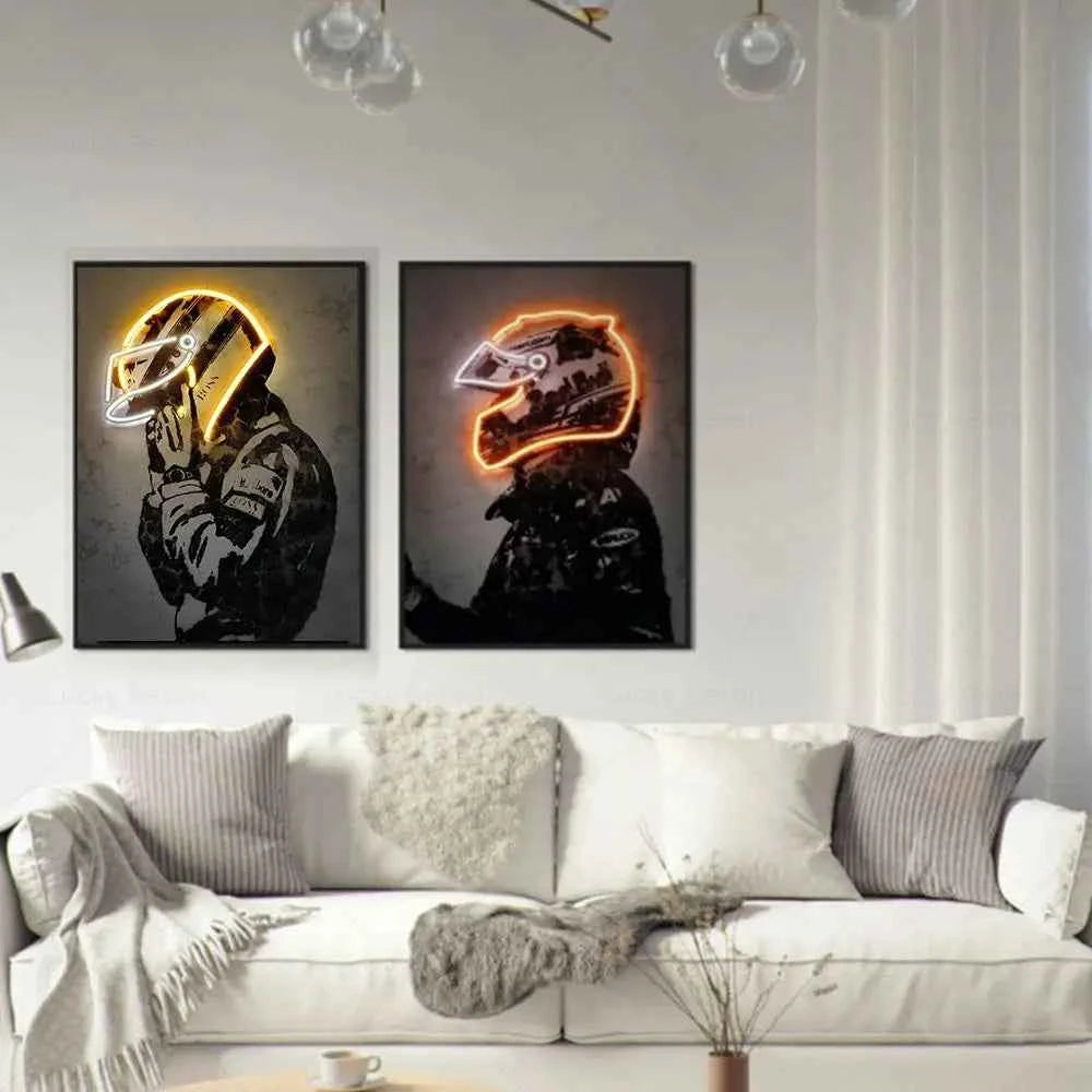 Formula 1 Racing Driver With Neon Helmet Wall Art Canvas Painting Print Motorcycle Racing F1 Poster Sport Picture Home Bar Decor
