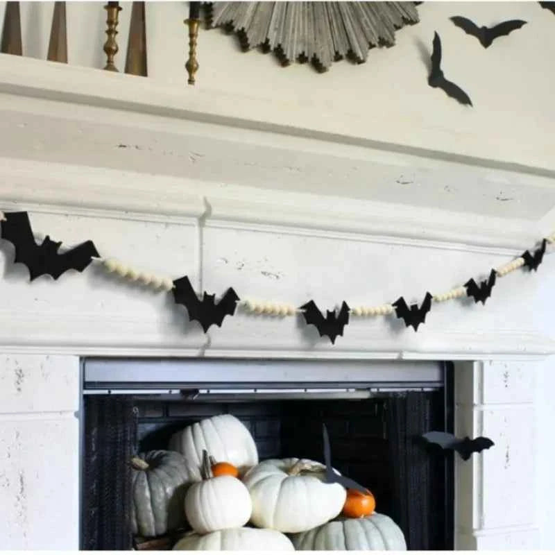 Bat Wooden Beads Garland Wall Hanging Banner Spooky Halloween Eve Autumn Fall Home Fireplace Mantle Decoration Sign Backdrop