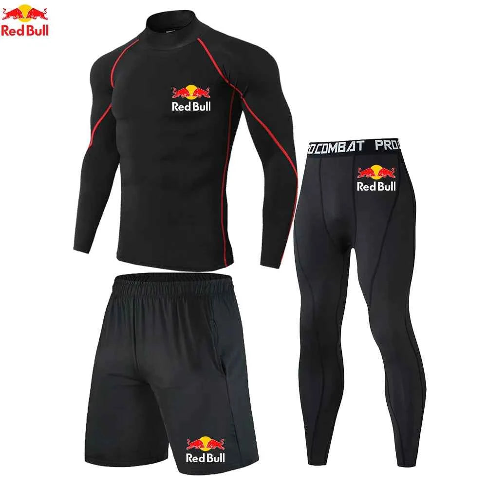 Red Bull New High-Necked Fashion Compression T Shirt Pants Set Men Tights Tracksuit Men Set Gym Fitness Clothing Sportswear Suit