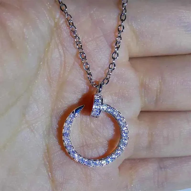 Korean Style Semicircle Geometric Nail Fashion Female Necklace AAAA Cubic Zirconia Pendant 925 Silver Ladies Birthday Gift