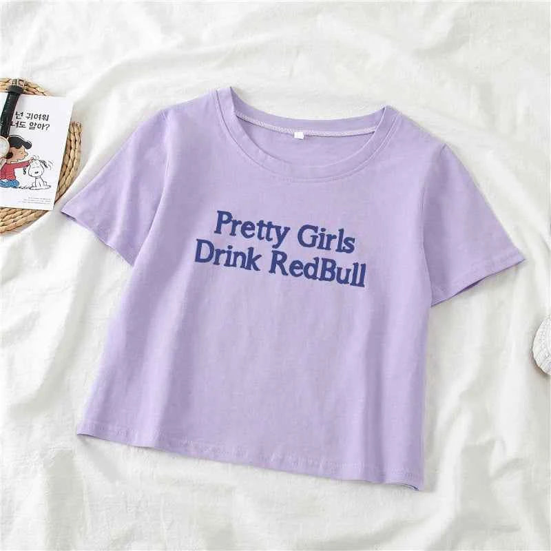 European and American girls drinking Red Bull trendy letter print Y2K pure desire spicy girl ultra short top women's T-shirt