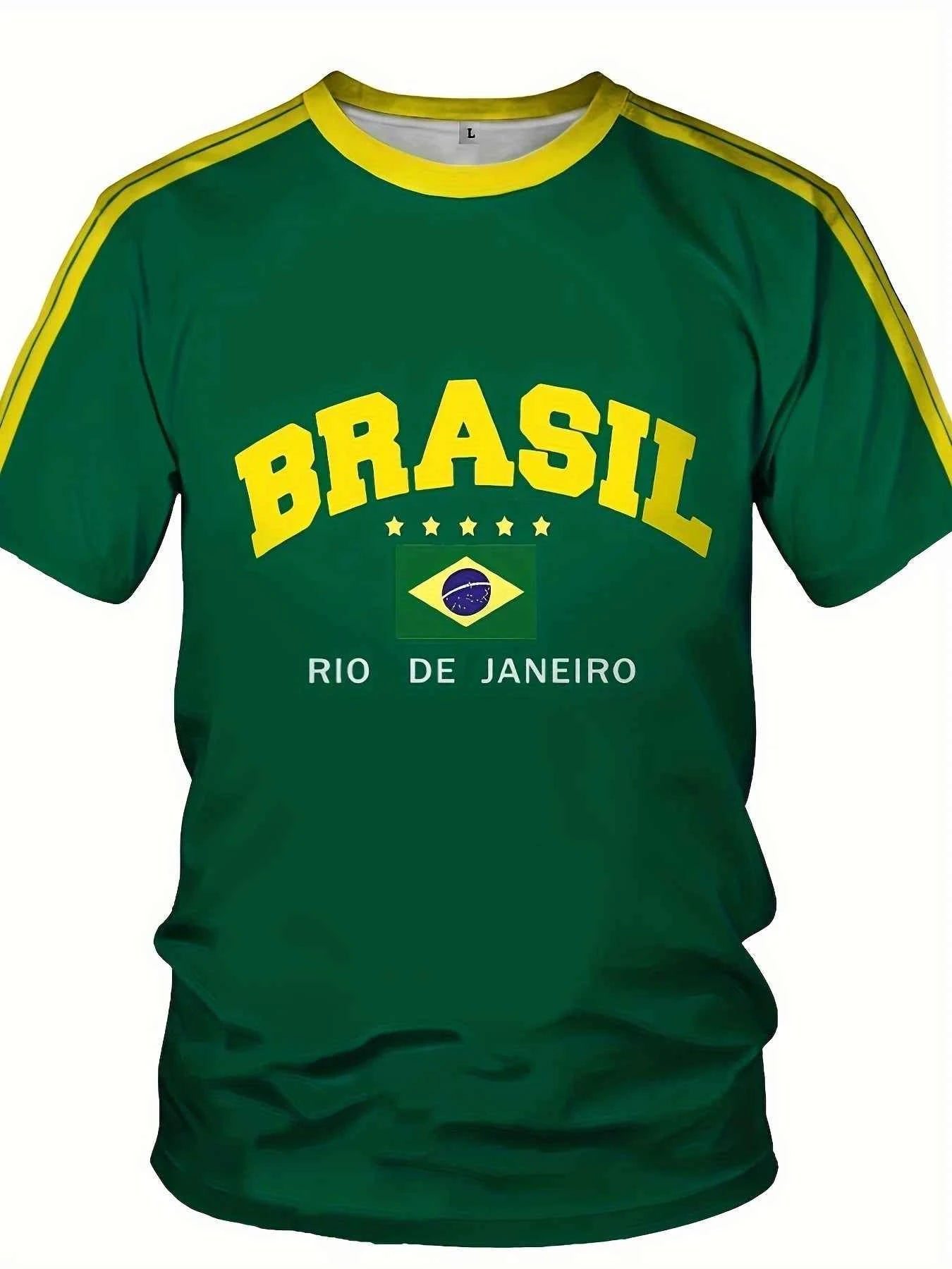 2024 New Summer Five-star Brasil Printed T-shirt For Men Short Sleeve Round Neck Tees Vintage Casual Mesh Jersey Oversized Tops