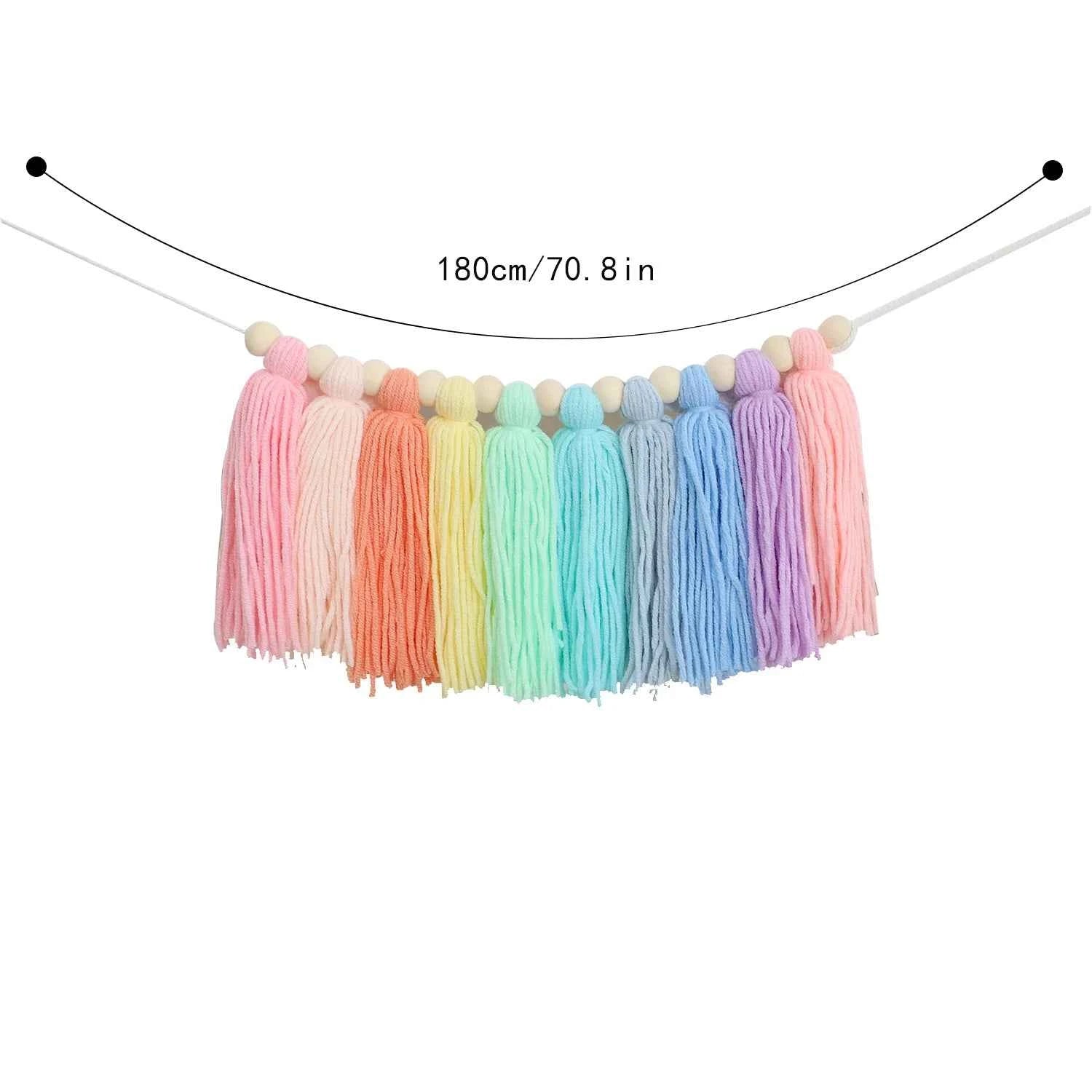 1pc Boho Colorful Rainbow Tassel Garland Handmade Wooden Bead Banner Home Festival Party Decoration Wall Hanging Banner