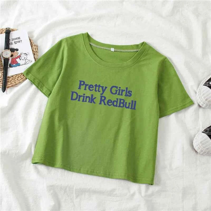 European and American girls drinking Red Bull trendy letter print Y2K pure desire spicy girl ultra short top women's T-shirt