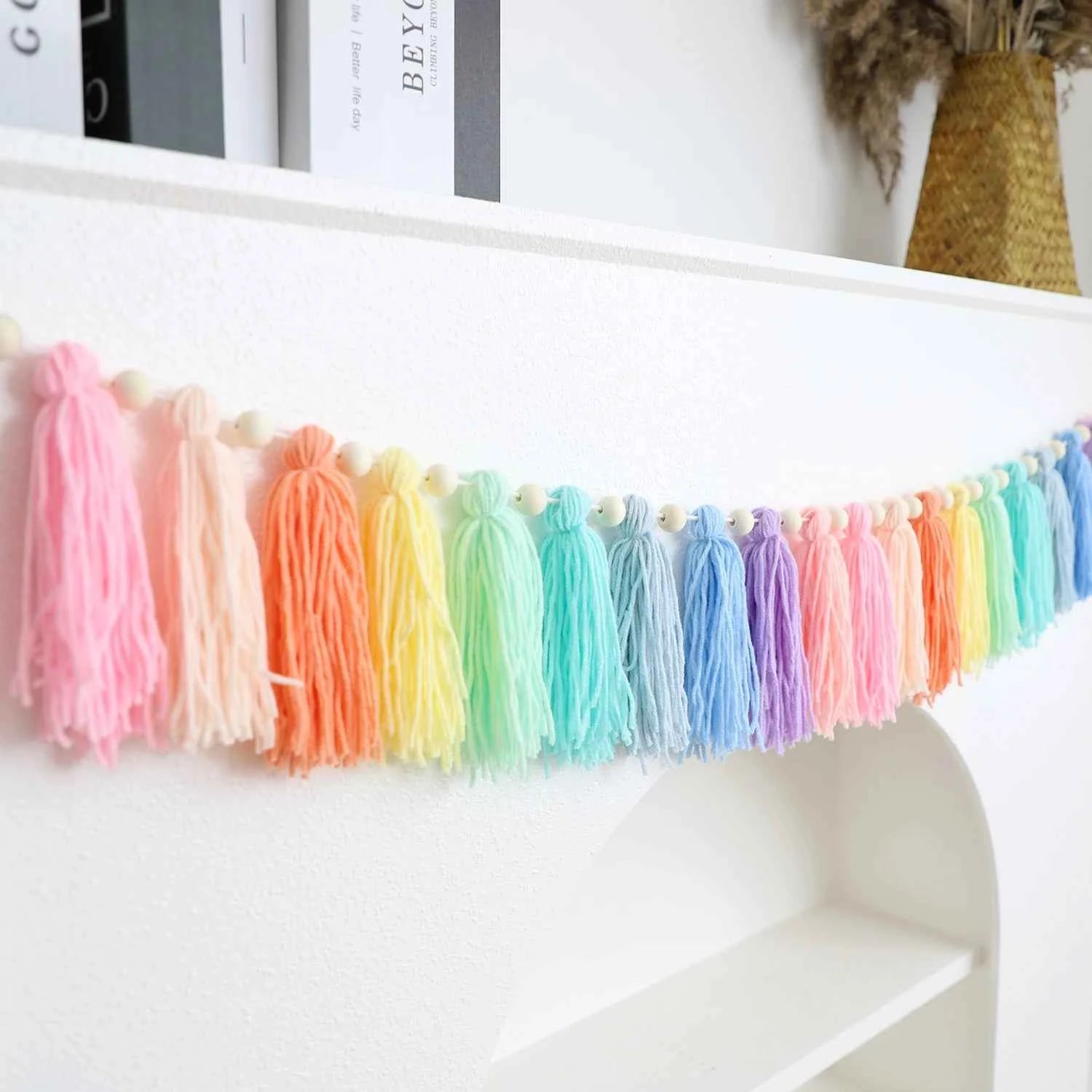 1pc Boho Colorful Rainbow Tassel Garland Handmade Wooden Bead Banner Home Festival Party Decoration Wall Hanging Banner