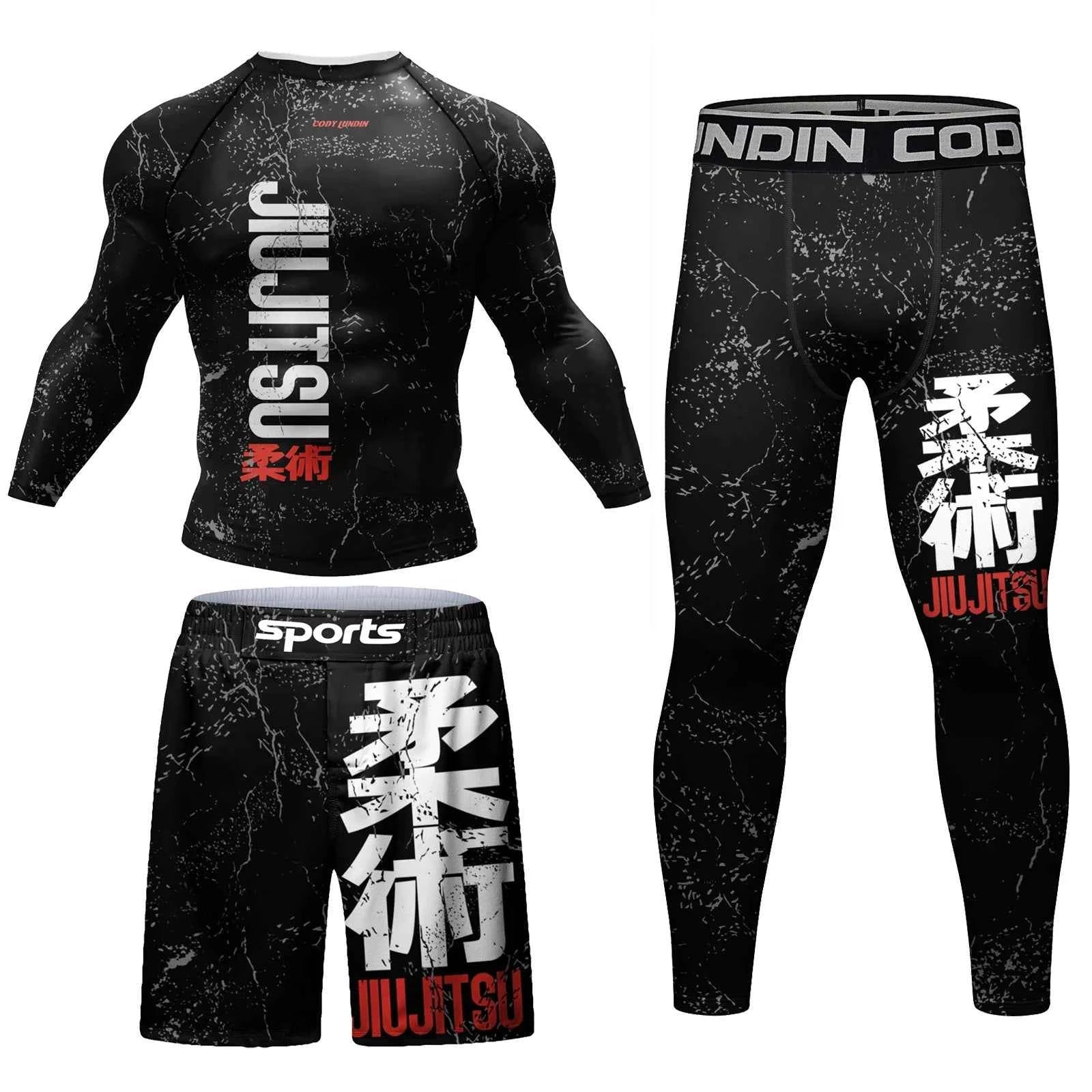 Cody Lundin Rash Guard Sportswear MMA T-shirt +Pants MMA Shorts 4PCS/Set Brazilian Grappling Jiu Jitsu Bjj Boxing Jersey For Men
