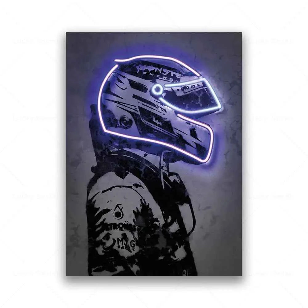 Formula 1 Racing Driver With Neon Helmet Wall Art Canvas Painting Print Motorcycle Racing F1 Poster Sport Picture Home Bar Decor