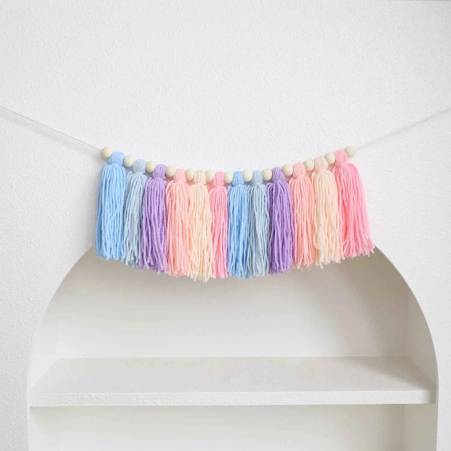 1pc Boho Colorful Rainbow Tassel Garland Handmade Wooden Bead Banner Home Festival Party Decoration Wall Hanging Banner