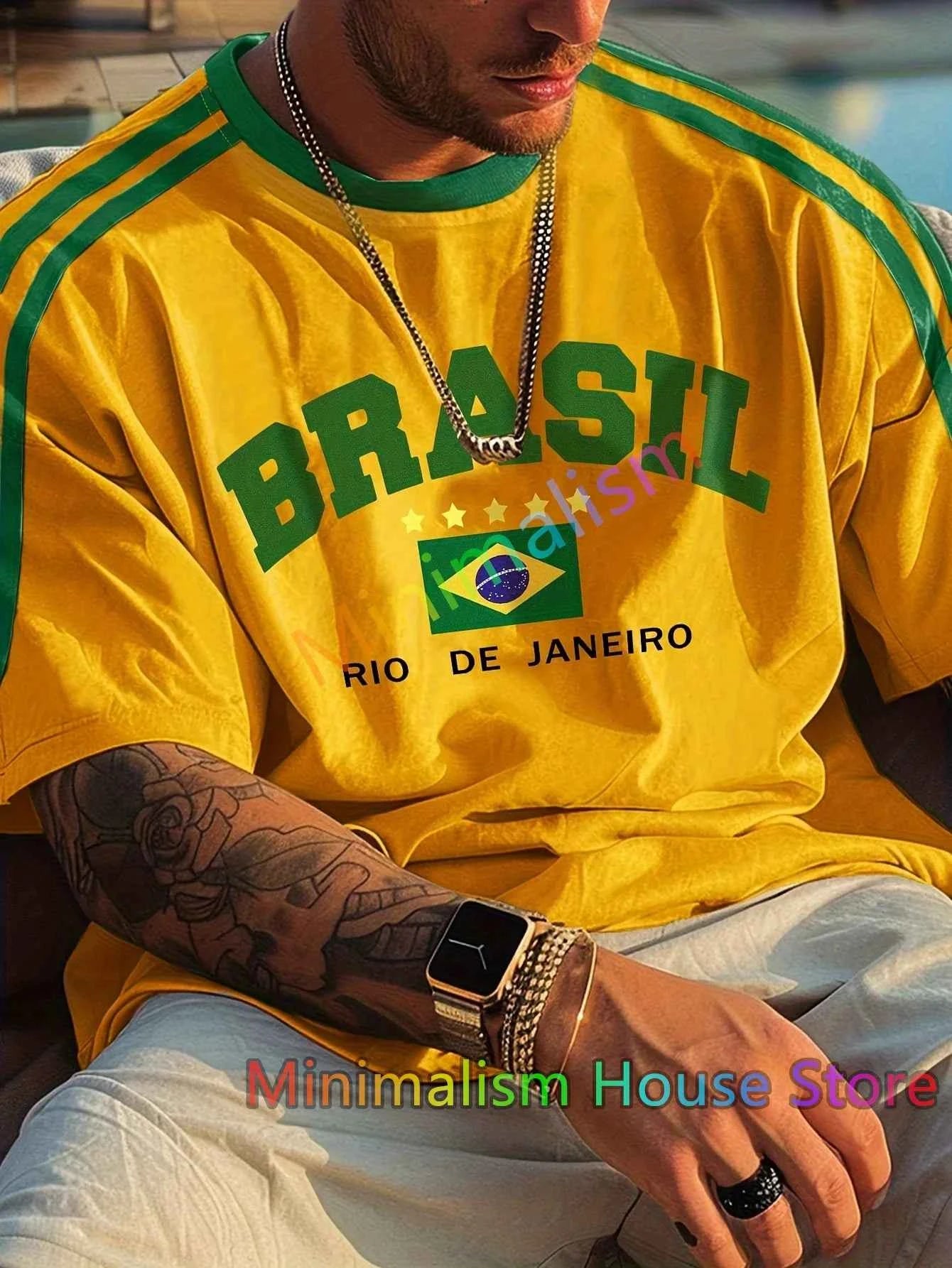 2024 New Summer Five-star Brasil Printed T-shirt For Men Short Sleeve Round Neck Tees Vintage Casual Mesh Jersey Oversized Tops