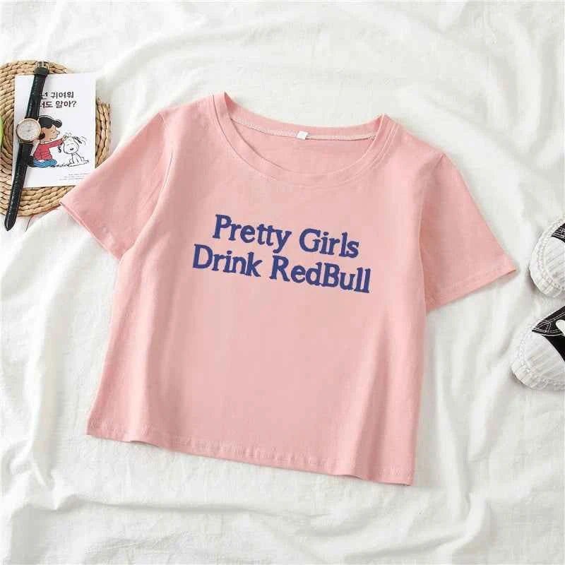 European and American girls drinking Red Bull trendy letter print Y2K pure desire spicy girl ultra short top women's T-shirt
