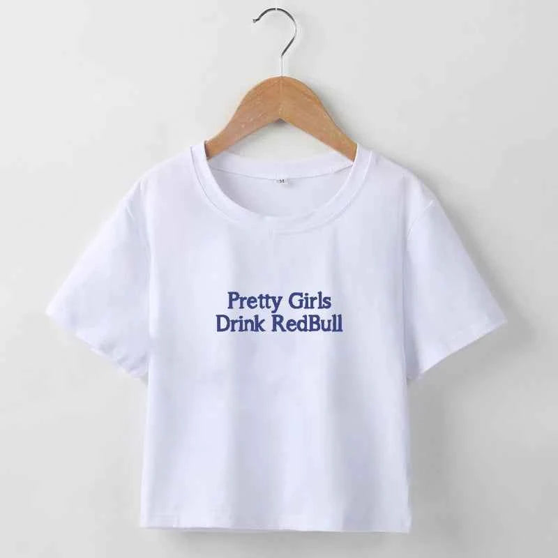 European and American girls drinking Red Bull trendy letter print Y2K pure desire spicy girl ultra short top women's T-shirt