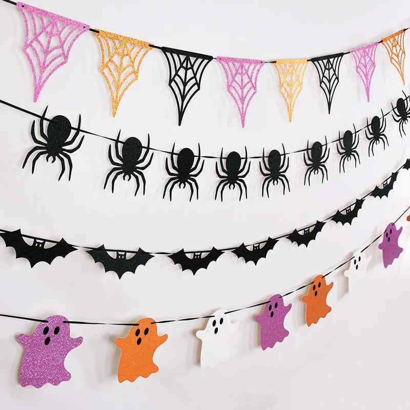Halloween Party Banner Garlands Cartoon Ghost Bat Spider Hanging Bunting for Halloween Home Decoration Supplies Kids Favors Gift