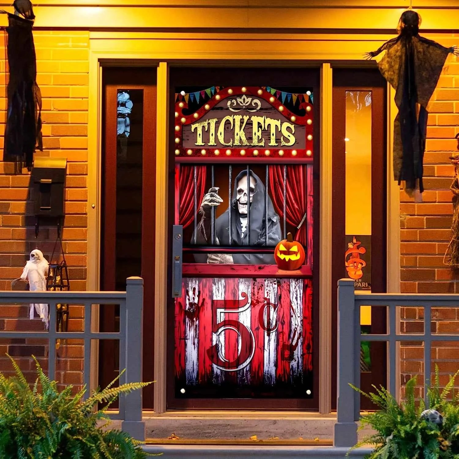 Polyester Black Evil Circus ticket booth banner - Halloween Bloody Horror party background, Day of the Dead holiday hanging