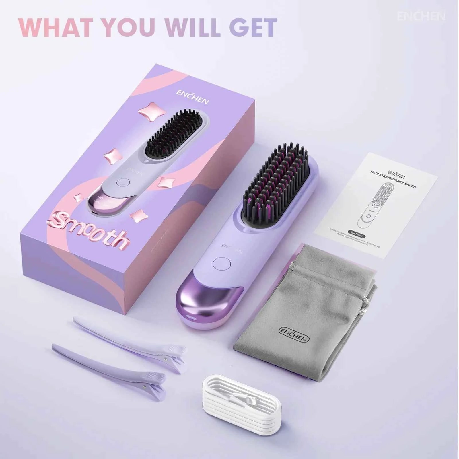 Brosse à cheveux lissante rechargeable ENCHEN - Outil portable sans fil avec 200 millions d'ions négatifs H100 - Elegance_empire-shop