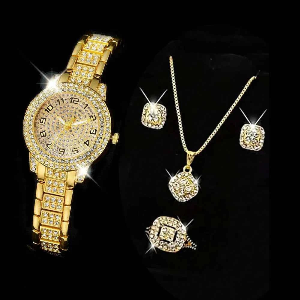 Luxury Women Gold Watch Fashion Ladies Quartz Diamond Wristwatch Elegant Female Bracelet Watches Set Reloj Mujer