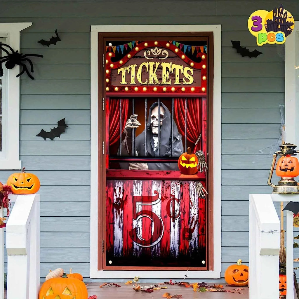 Polyester Black Evil Circus ticket booth banner - Halloween Bloody Horror party background, Day of the Dead holiday hanging