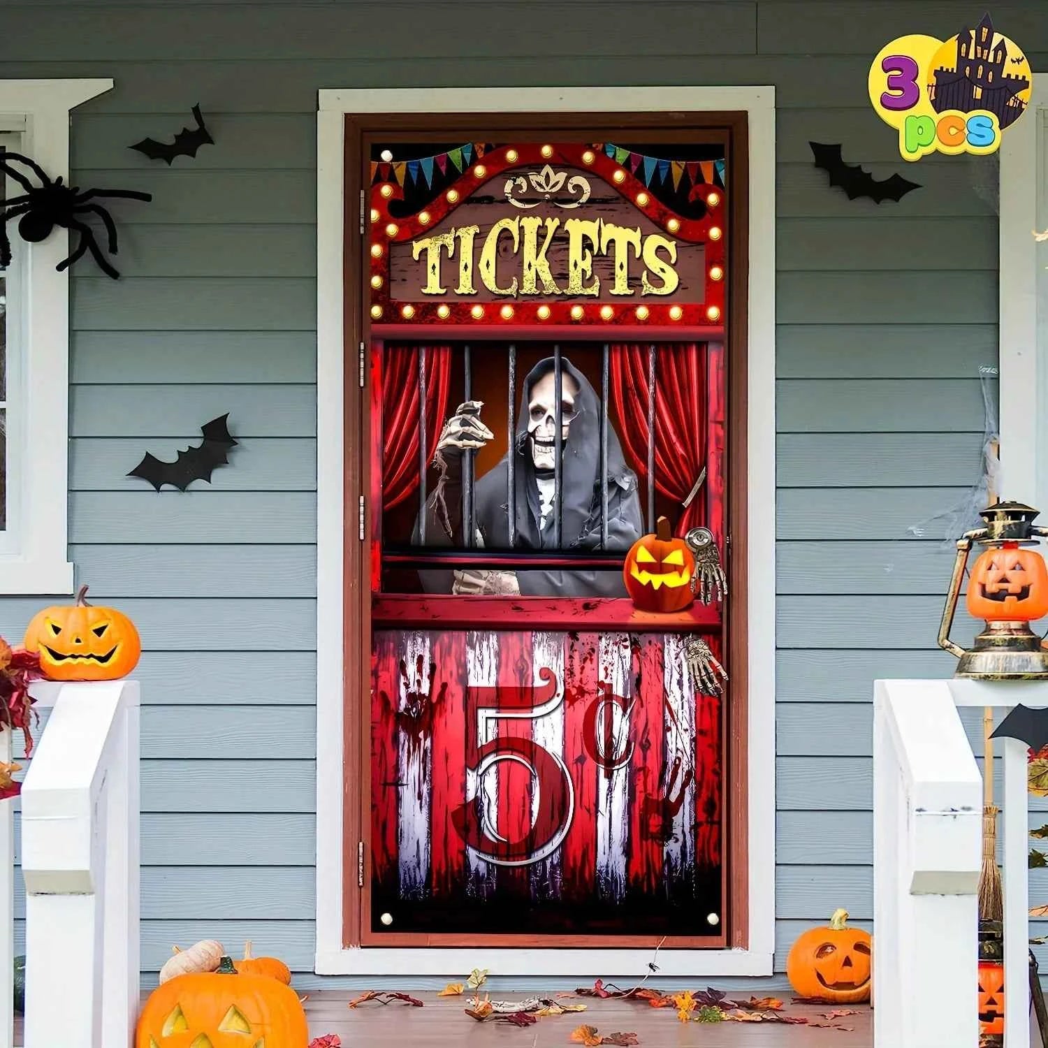 Polyester Black Evil Circus ticket booth banner - Halloween Bloody Horror party background, Day of the Dead holiday hanging