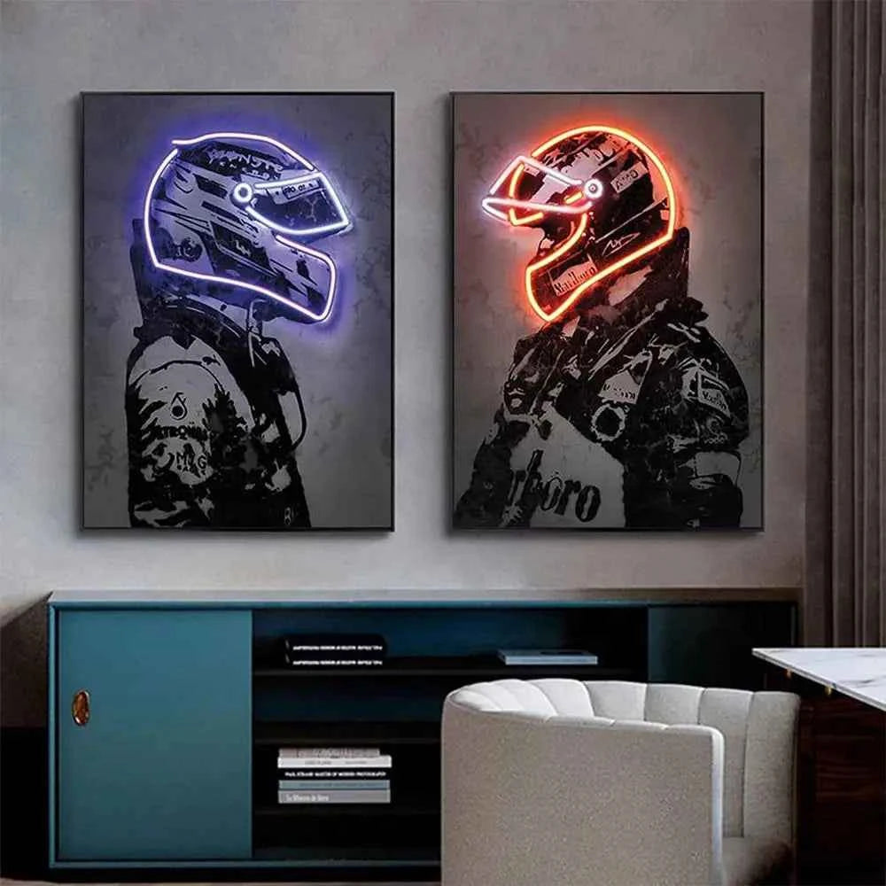 Formula 1 Racing Driver With Neon Helmet Wall Art Canvas Painting Print Motorcycle Racing F1 Poster Sport Picture Home Bar Decor