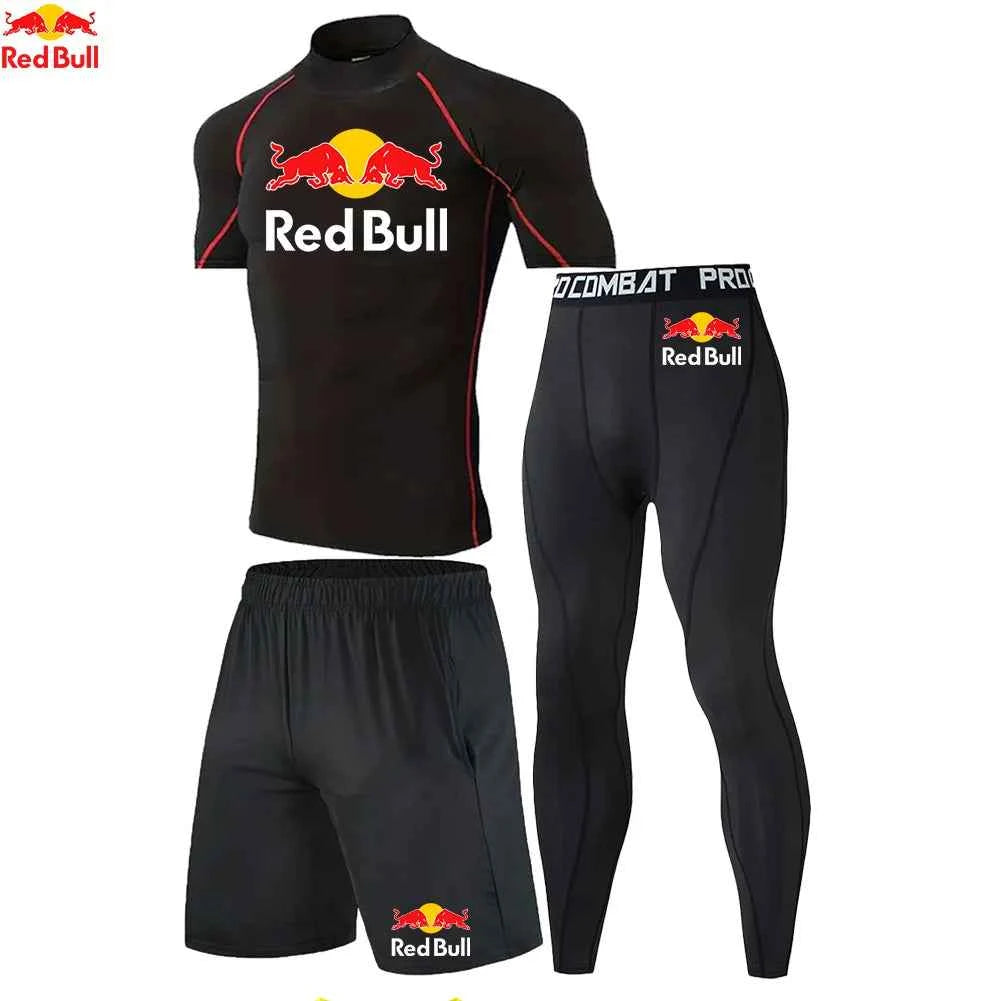 Red Bull New High-Necked Fashion Compression T Shirt Pants Set Men Tights Tracksuit Men Set Gym Fitness Clothing Sportswear Suit