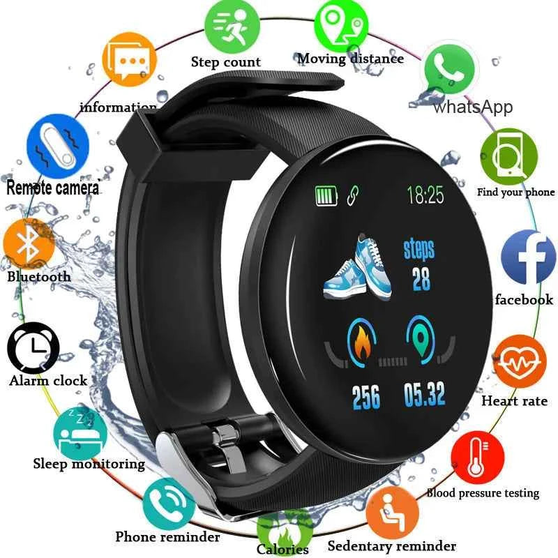 Montre intelligente D18 pour hommes et femmes - Montre numérique étanche avec suivi de la pression artérielle et des activités sportives, compatible avec les bracelets Apple Watch - Elegance_empire-shop