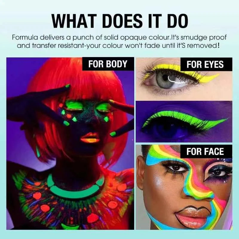 Glow In The Dark Face Paint Kit,6pcs Shimmer Glow Eyeliner set,UV Neon Face & Body Paint Sticks Marker Luminous Makeup for Music