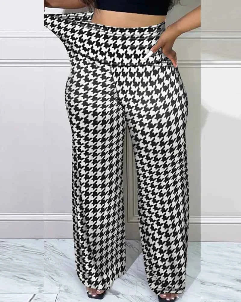 Pantalon Houndstooth Élégant Femme Taille Haute