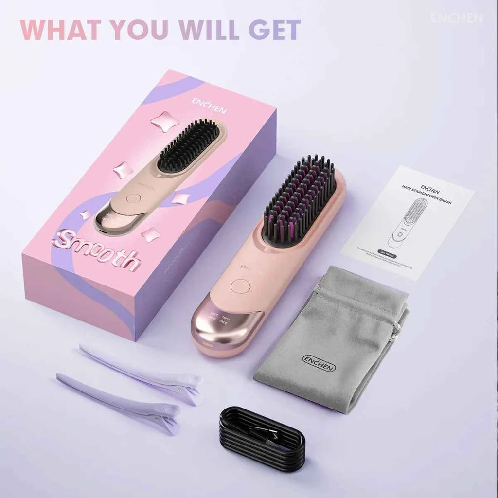 Brosse à cheveux lissante rechargeable ENCHEN - Outil portable sans fil avec 200 millions d'ions négatifs H100 - Elegance_empire-shop