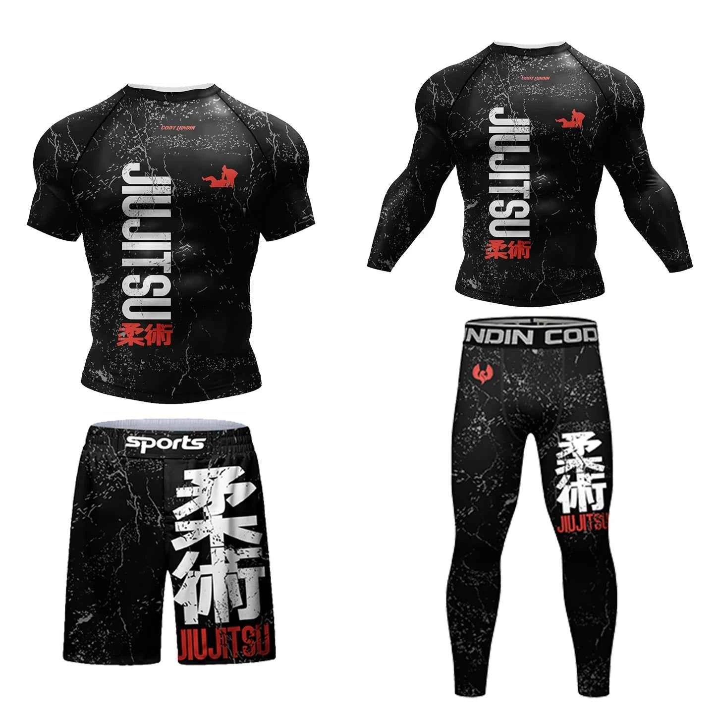 Cody Lundin Rash Guard Sportswear MMA T-shirt +Pants MMA Shorts 4PCS/Set Brazilian Grappling Jiu Jitsu Bjj Boxing Jersey For Men