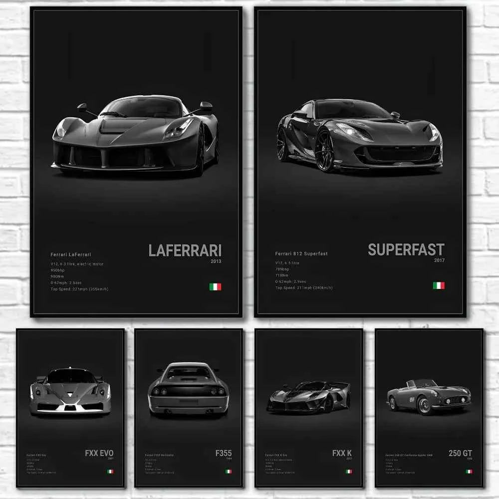 F-Ferrari Black Car Famous F40 ENZO SF90 F12 Poster Sticky Wall Art Printing Waterproof Home Living Bed Room Bar Aesthetic Decor