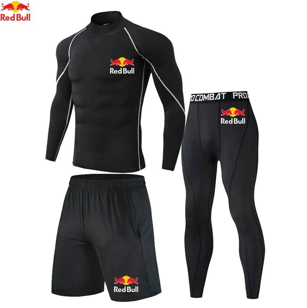 Red Bull New High-Necked Fashion Compression T Shirt Pants Set Men Tights Tracksuit Men Set Gym Fitness Clothing Sportswear Suit