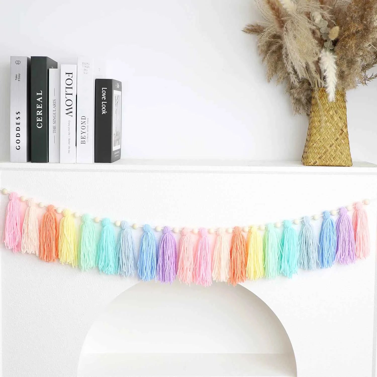 1pc Boho Colorful Rainbow Tassel Garland Handmade Wooden Bead Banner Home Festival Party Decoration Wall Hanging Banner