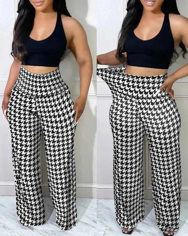 Pantalon Houndstooth Élégant Femme Taille Haute