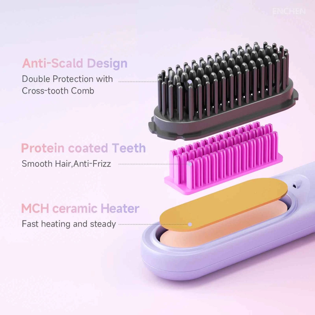 Brosse à cheveux lissante rechargeable ENCHEN - Outil portable sans fil avec 200 millions d'ions négatifs H100 - Elegance_empire-shop