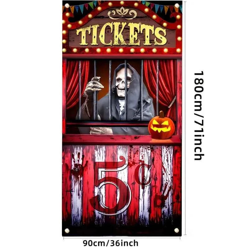 Polyester Black Evil Circus ticket booth banner - Halloween Bloody Horror party background, Day of the Dead holiday hanging